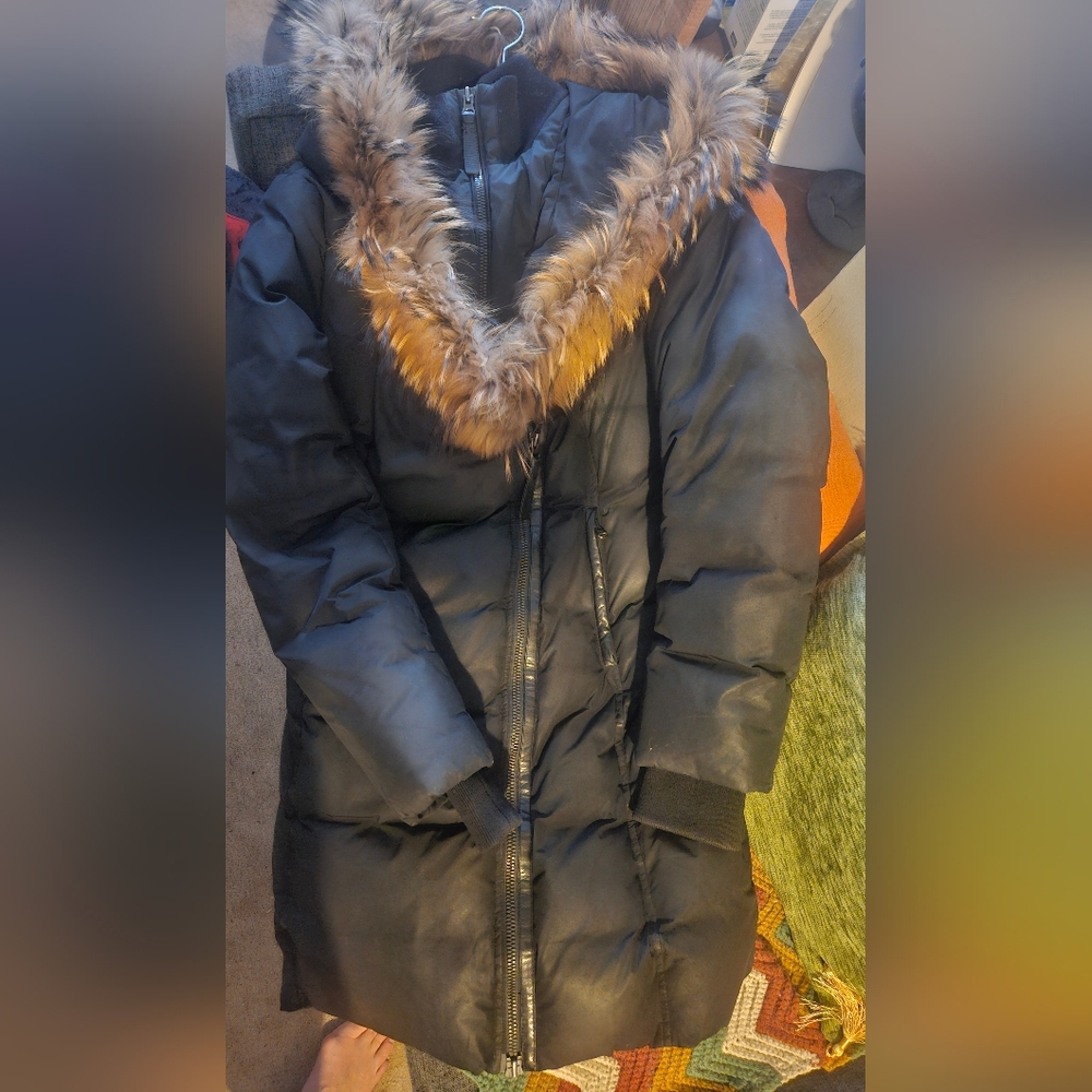 Mackage Black Long Puffer Coat with Faux Fur Hood Trim